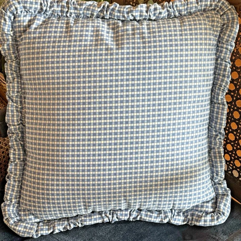 Vintage Wilkinson's Blue Gingham Check Cottagecore Pillow 18x18 Gathered Flange